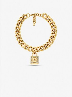 Michael Kors 14k Gold-plated Brass Pave Lock Curb Link Kettingen Dames Goud | 925104-OYD